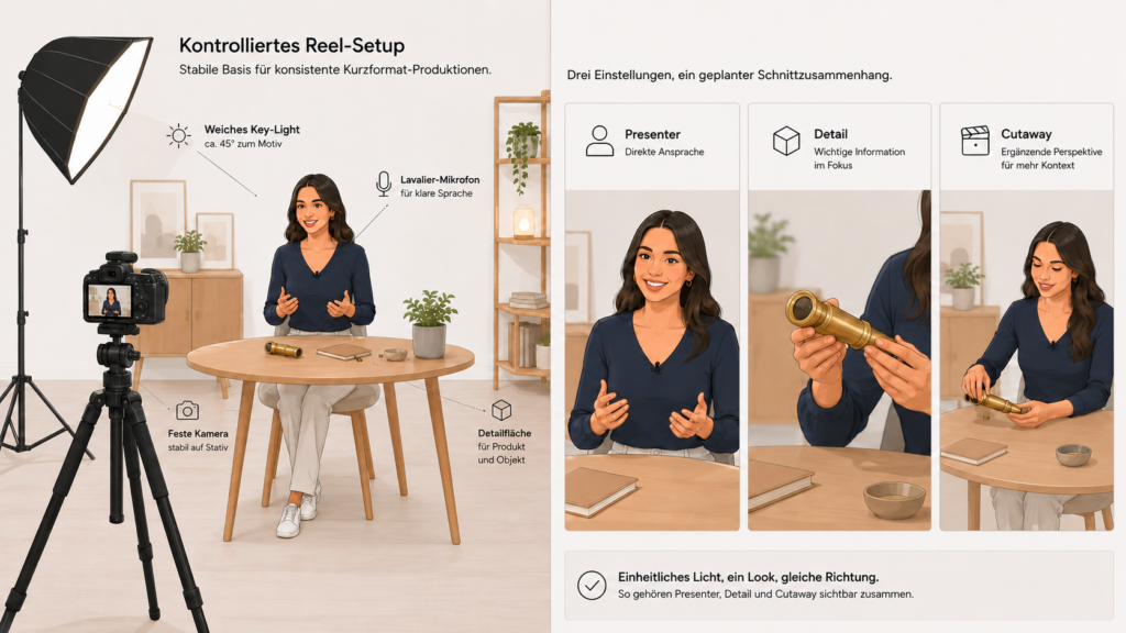 Illustration eines kontrollierten Reel-Setups mit fester Kamera auf Stativ, weichem Hauptlicht und Lavaliermikrofon sowie drei zusammengehörigen Einstellungen für Presenter, Detail und Cutaway.
