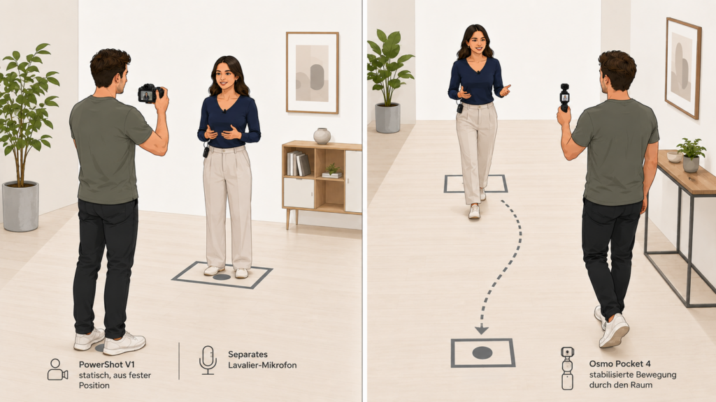 Illustration mit zwei Compact-Creator-Workflows: links eine statische Aufnahme mit Canon PowerShot V1 aus fester Position und separatem Lavaliermikrofon, rechts stabilisierte Bewegung mit DJI Osmo Pocket 4 entlang eines Laufwegs.