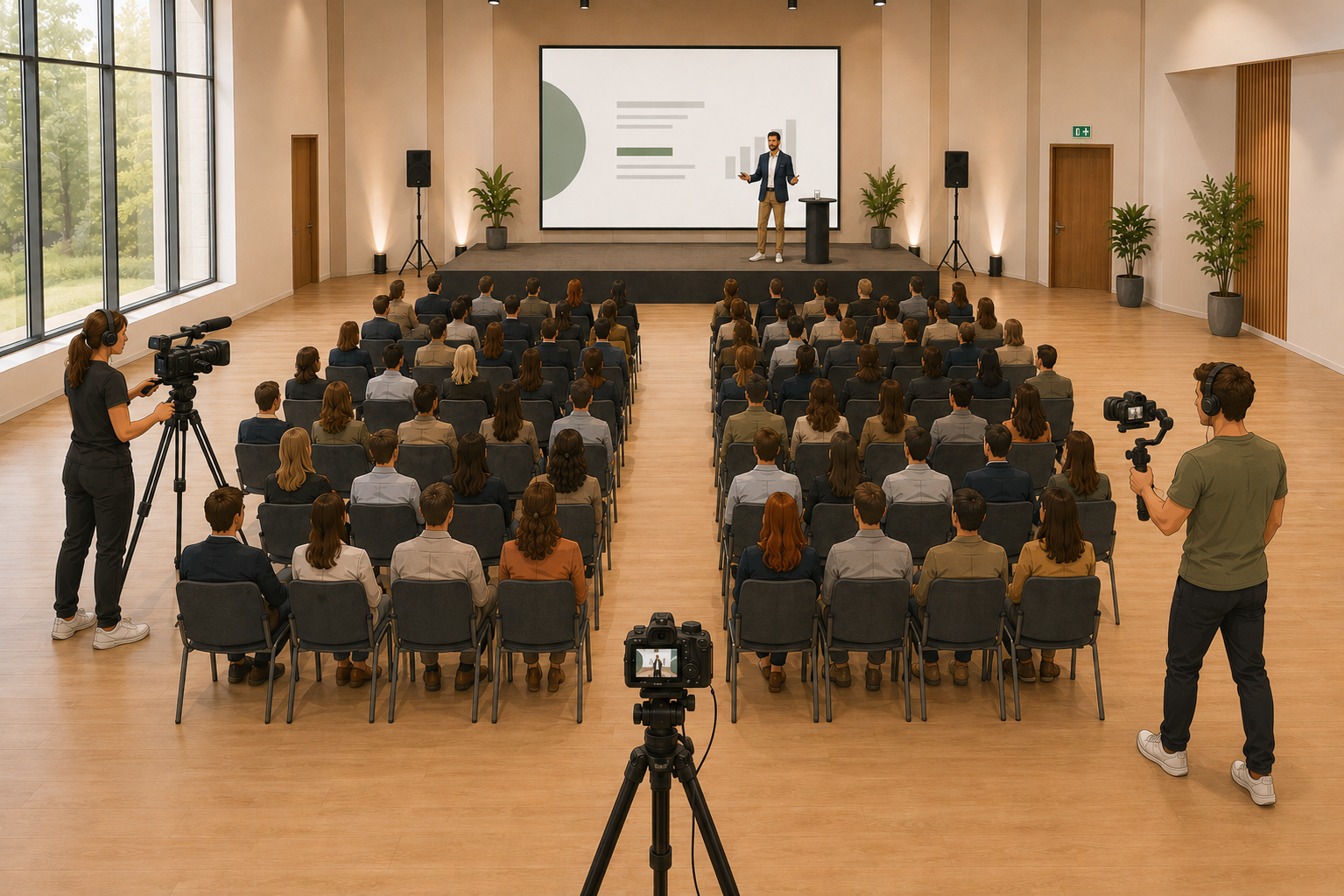 Isometrische Darstellung eines Corporate Speaker-Events: links eine operierte Sony PXW-Z200, hinten mittig eine fest positionierte Sony FX3 als Master und rechts ein Operator mit Sony FX30 auf DJI RS4 Pro für bewegte Recap-Aufnahmen.