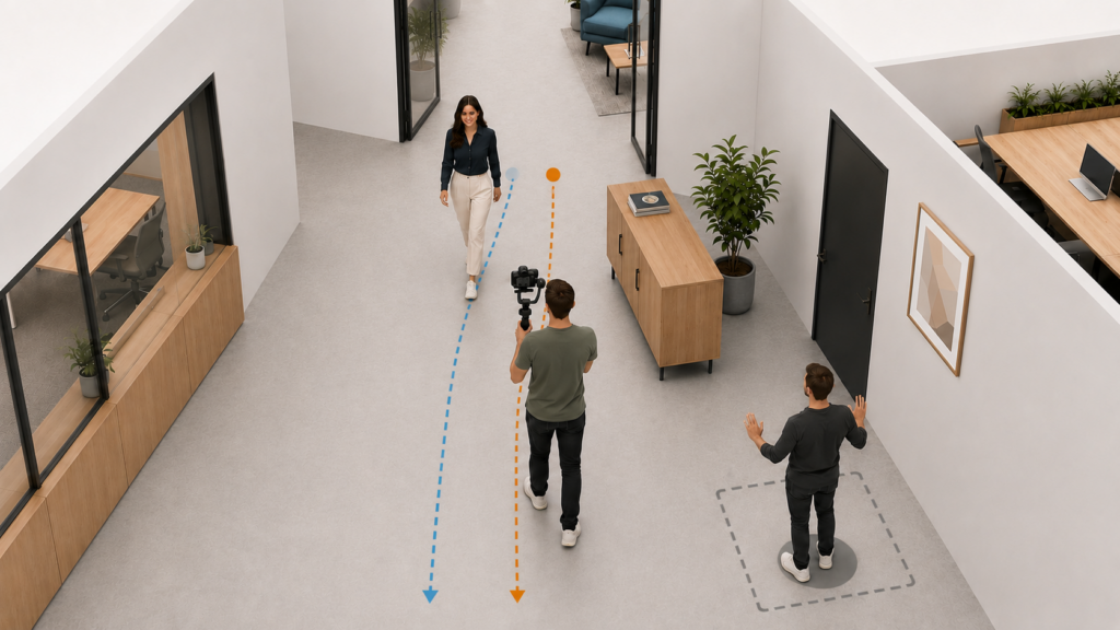 Erhöhte schematische Ansicht eines Gimbal-Drehs im Büroflur: Eine Person und der rückwärts gehende Kameraoperator bewegen sich auf getrennten markierten Wegen zum Bildvordergrund, während ein Spotter rechts außerhalb der Route den Rückweg sichert.