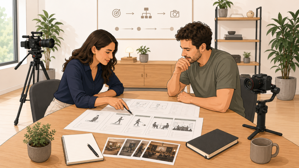 Zwei Personen planen an einem Tisch verschiedene Drehsituationen und wählen anhand von Storyboards und Ablaufskizzen das passende Produktions-Setup aus.