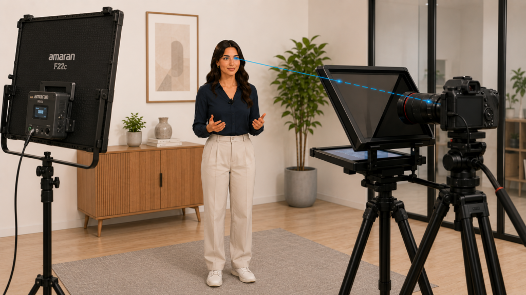 Schematische Talking-Head-Aufnahme mit stehender Sprecherin, Teleprompter und Kamera auf gemeinsamer Blickachse sowie einem seitlich positionierten Amaran F22c als Key-Light.