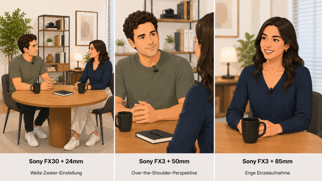 Illustrierter Vergleich von drei Kameraperspektiven für einen mobilen Video-Podcast: weite Zweier-Einstellung mit Sony FX30 und 24 mm, Über-die-Schulter-Perspektive mit Sony FX3 und 50 mm sowie enge Einzelaufnahme mit Sony FX3 und 85 mm.